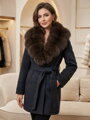 Dámsky kabát na viazanie s pravou kožušinou z líšky