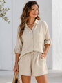 Damen Beige Musselin Set Bluse und Shorts