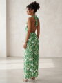 Damen Sommer Long Jumpsuit Weiß-Grün