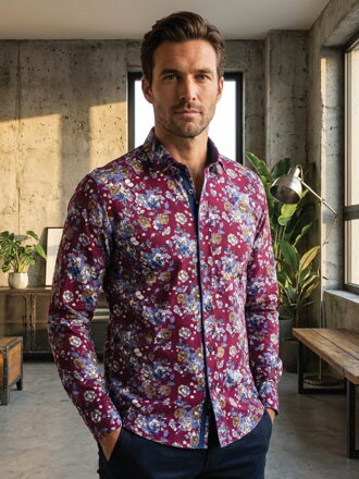 Herrenhemd 3338/V8 weinrot mit Blumenmuster