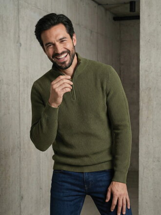 Pánsky štýlový khaki sveter so zipsom