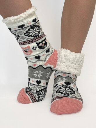 Dámske slabo-ružové vlnené protišmykové termo ponožky SOVA