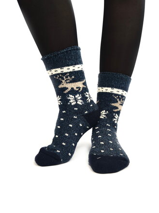 Weihnachts Damen Wollsocken Rentier dunkelblau