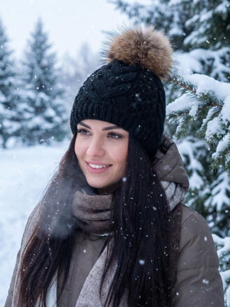 Damen Strickmütze mit Bommel ANIA schwarz