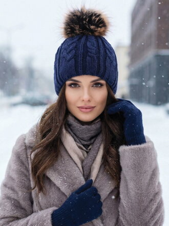 Damenmütze mit Bommel aus echtem Pelz Pola - dunkelblau