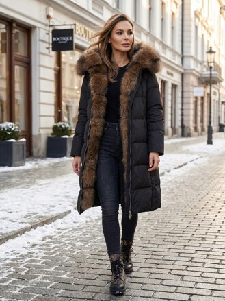 Dámska čierna dlhá páperová bunda s pravou kožušinou 