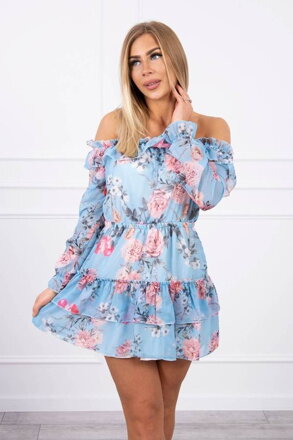 Rüschen Damen Sommerkleid mit Blumen KS blau