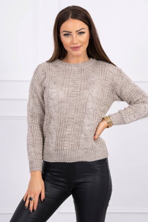 Kurzer Strickpullover mit Zopfmuster 2019-41 beige