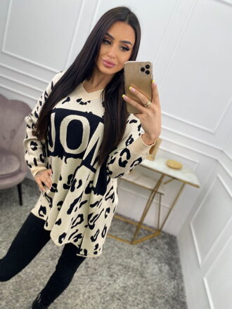 Damen-Oversize-Pullover mit schwarz-beigem Muster 