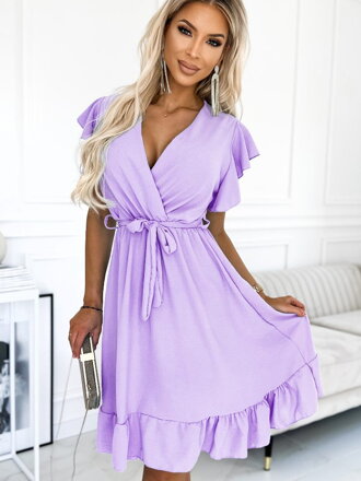 Damen Kleid 455-3 mit V-Ausschnitt lila