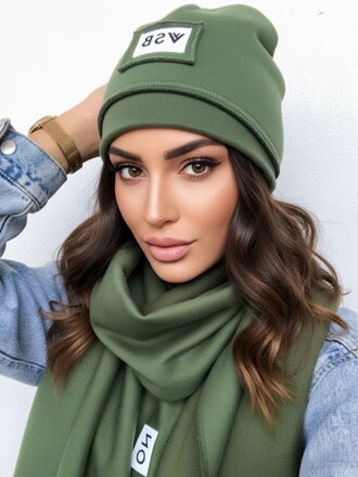 Luxuriöses VSB Set aus Sweatstoff: Schal + Mütze, oliv mit weiß
