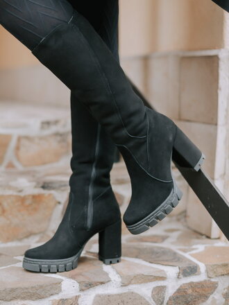  Schwarze Damenstiefel aus echtem gebürstetem Leder LOTTA