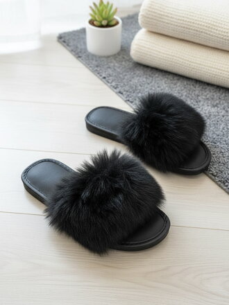 Offene Damen Hausschuhe Modell mit Pelz schwarz