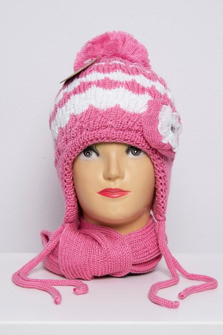 Mädchen Mütze mit Schal K62 rosa-weiß