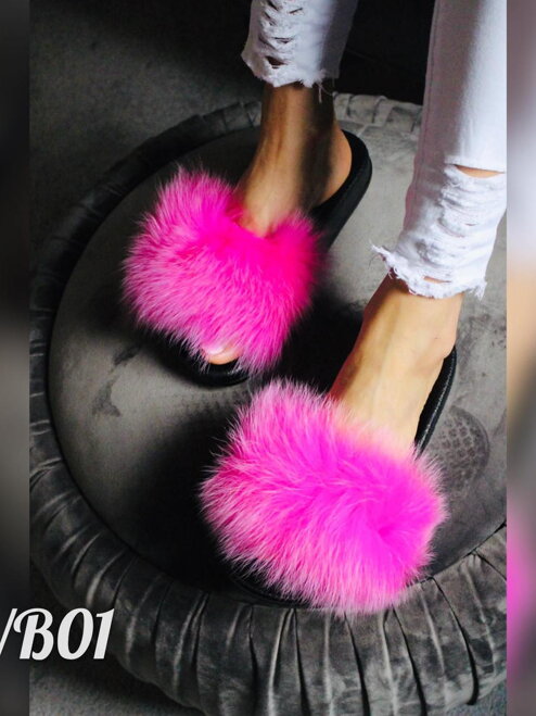 Damen Strand-Pantoletten mit echtem Pelz WB01 fuchsia