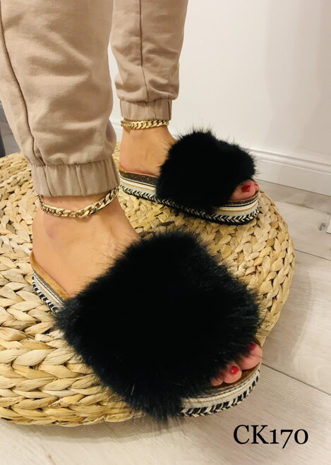 Damen Sommer Espadrilles mit Pelz-Applikation CK170 schwarz