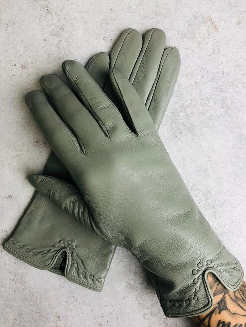 Damen Lederhandschuhe mit Schlitz grau