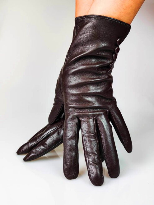 Damen Lederhandschuhe mit Zierknöpfen hellgrau