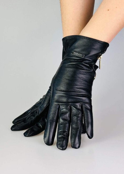 Štýlové čierne kožené rukavice so zipsom 