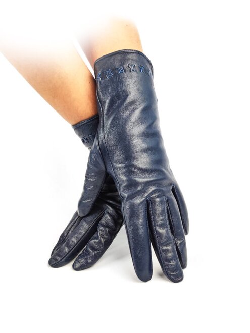 Damen Lederhandschuhe mit Kreuzung dunkelblau