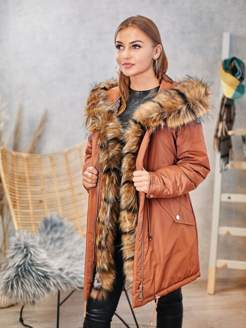 Damen Parka-Winterjacke Ramoneska mit echtem Pelz Zimtbraun