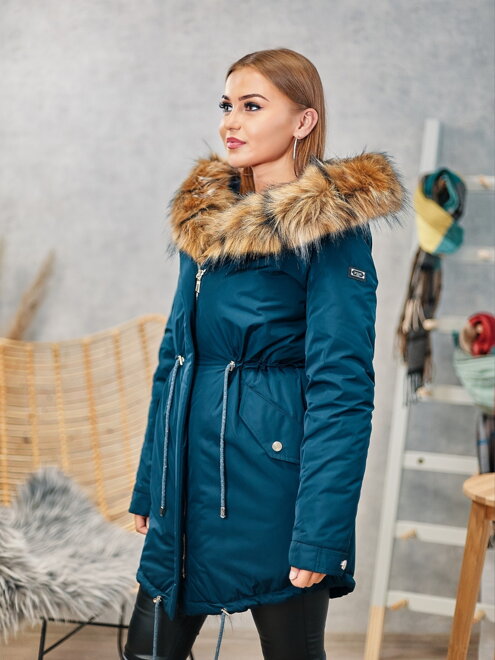 Damen Parka-Winterjacke Ramoneska mit echtem Pelz Kerosinblau