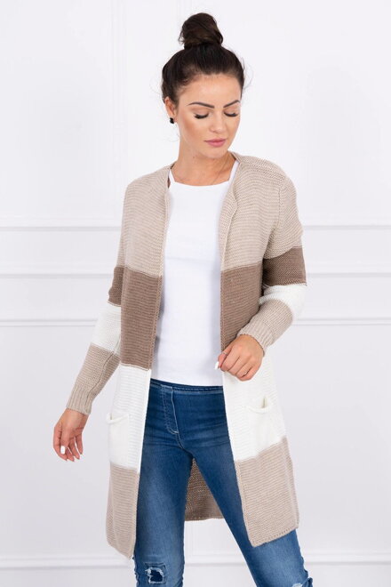 Lange Damen Strickjacke Trikolore 2019-12 creme+braun+weiß