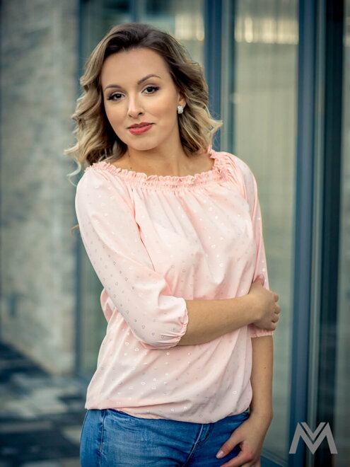 Chiffon Damen Bluse mit Carmen-Ausschnitt VS-DB 1847 pfirsich-orange