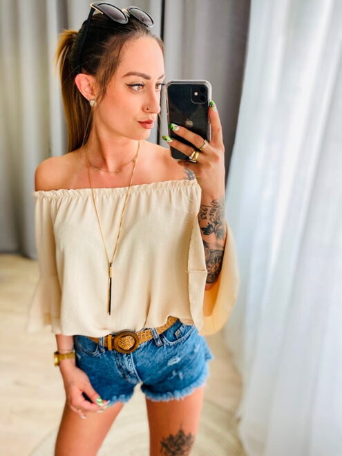 Damen Sommerbluse mit Carmen-Ausschnitt MFY beige