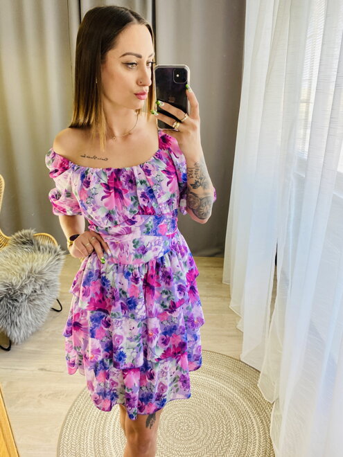 Damen Kleid mit Rüschen und Blumenmuster MFY lila