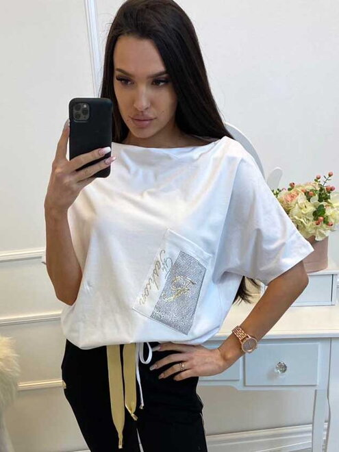 Damen T-Shirt mit dekorative Tasche MFY weiß