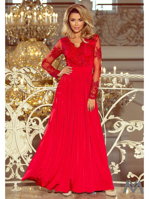 Langes Damen Kleid mit Spitze 213-3 rot