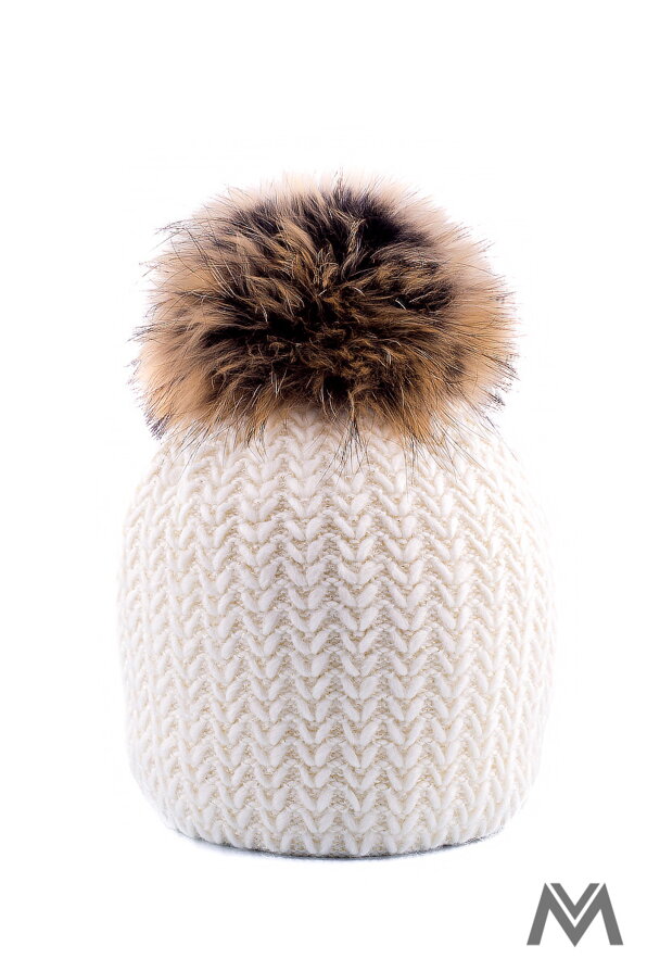 Frauen Strickmütze mit Bommel aus echtem Pelz Pati- Silber-cremeweiß
