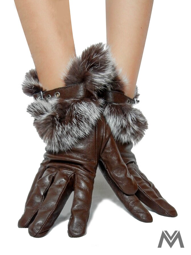 Damen Lederhandschuhe mit Pelzrand braun