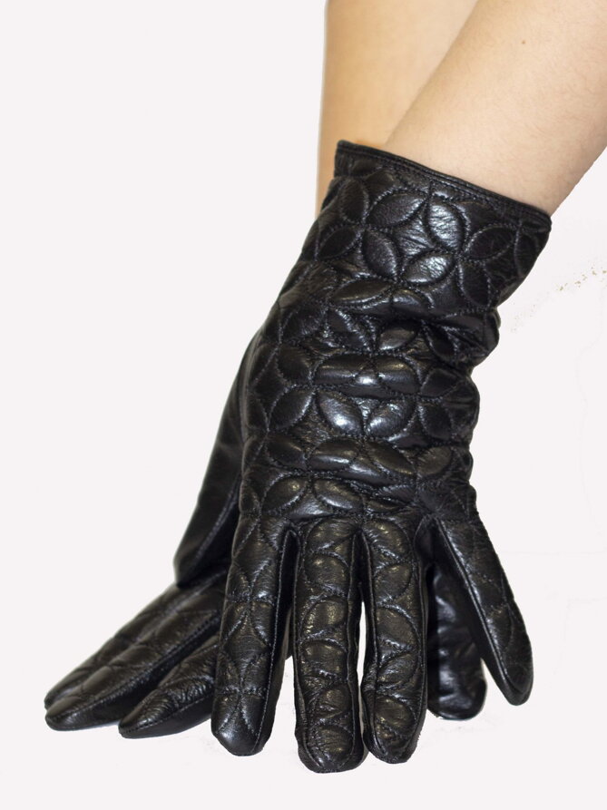 Damen Lederhandschuhe mit Orientmuster schwarz