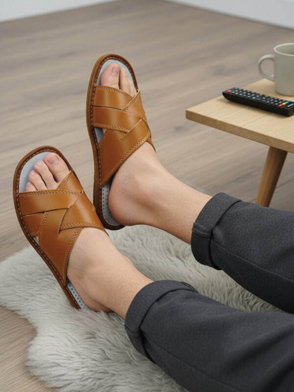 Offene Herren Leder-Hausschuhe Modell 13A hellbraun