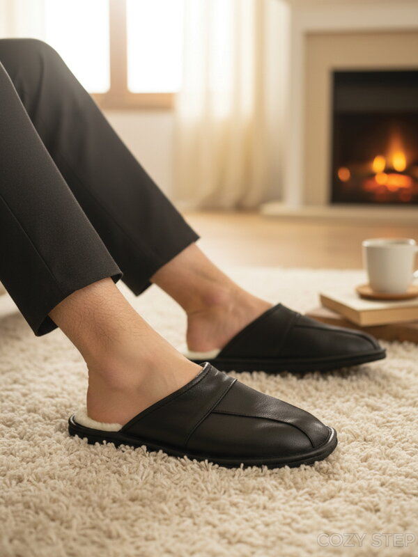 Warme Herren Leder-Pantoffeln Modell 16B schwarz