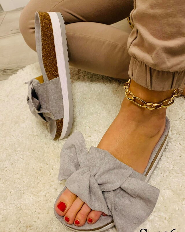 Damen Sommer Kork-Pantoletten mit Stoff Schleife SS116 grau Damen Sommer Kork-Pantoletten mit Stoff Schleife SS116 grau