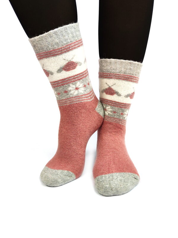 Damen Wollsocken ANGORA Bienen rosa-grau