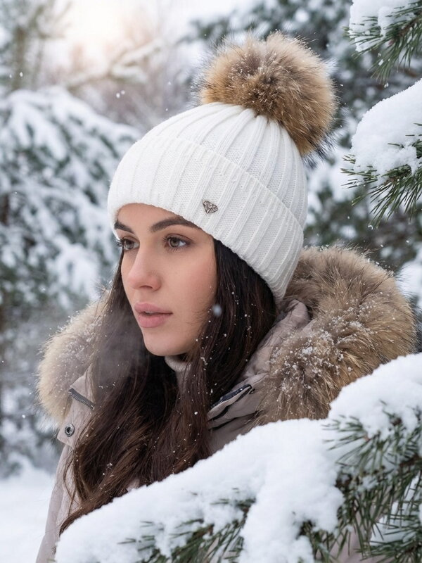 Damen Strickmütze mit Bommel ANDREA weiß