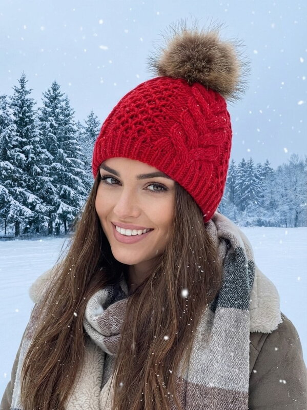 Damen Strickmütze mit Bommel ANIA rot