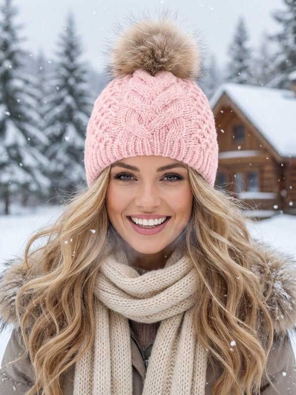 Damen Strickmütze mit Bommel ANIA rosa