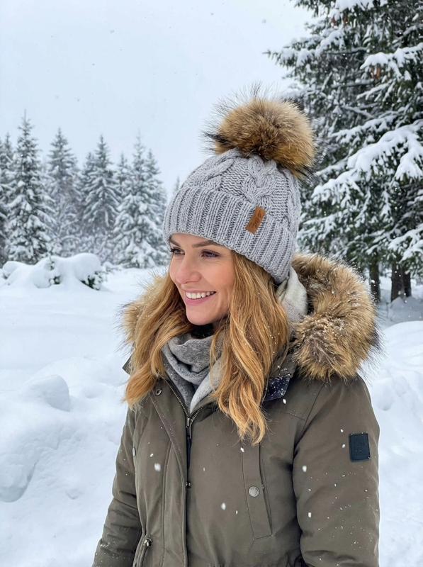 Damen Strickmütze mit Bommel Octawia grau