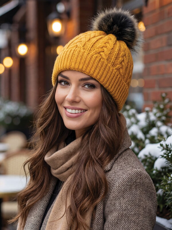 Damenmütze IWA mit Bommel aus Echtpelz, senf
