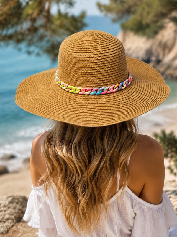 Brauner Damenhut mit bunter Kette B-50
