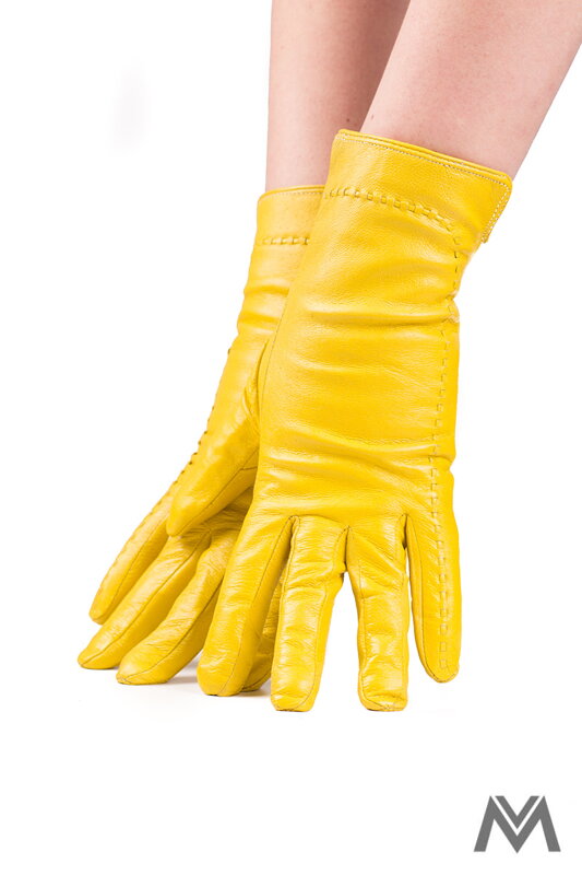 Damen Lederhandschuhe mit Wellenlinie gelb