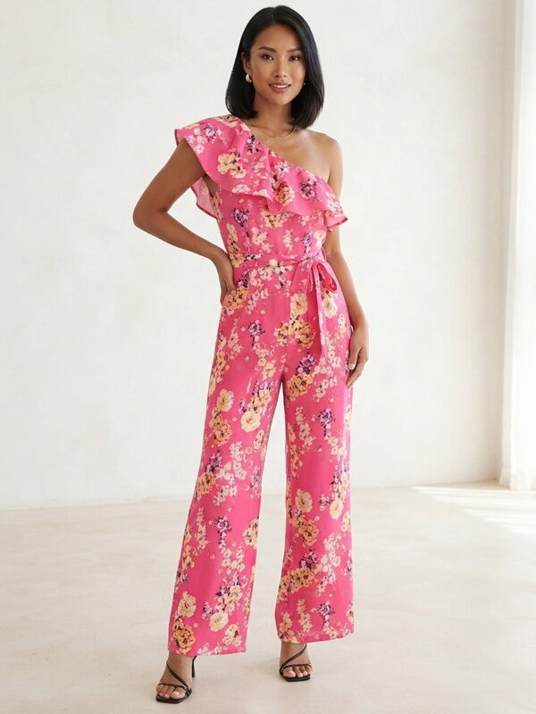 Damen Blumen Jumpsuit mit Rüschen Pink