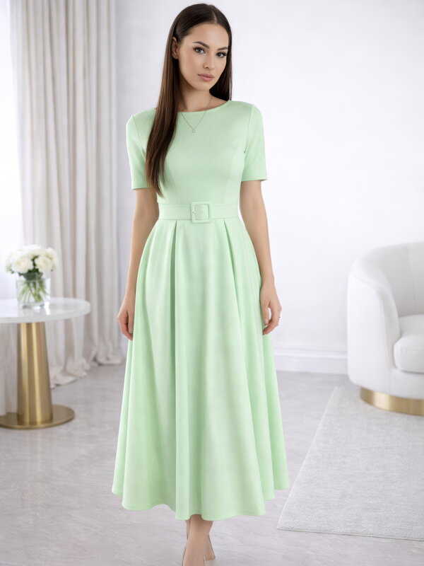 Dámske midi mentolové šaty s opaskom