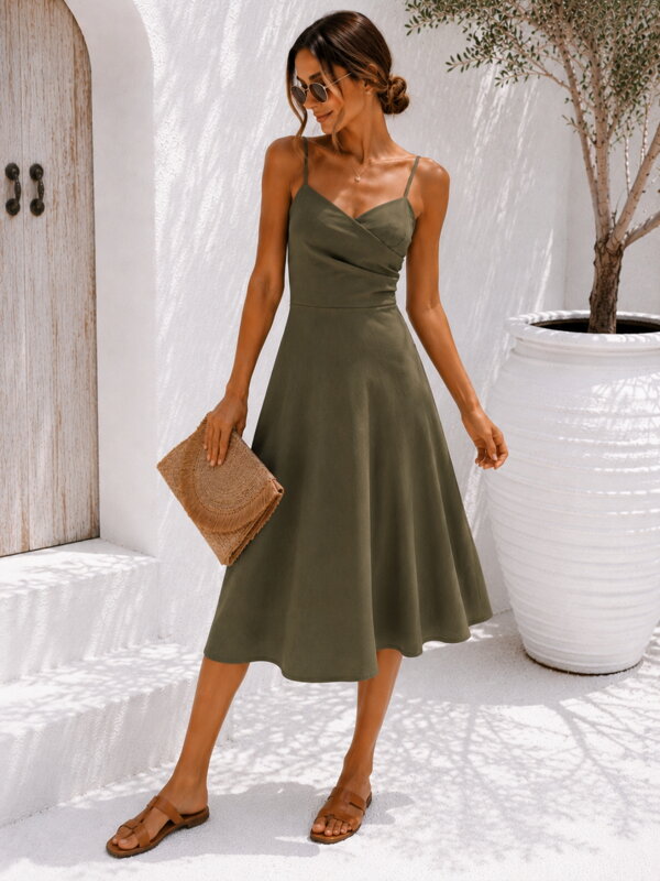 Khaki Sommer-Midikleid mit sanftem Dekolleteé-Bustier