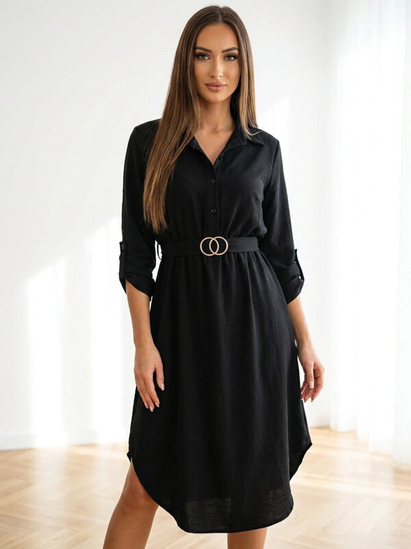 Midi Kleid mit Gürtel SCHWARZ